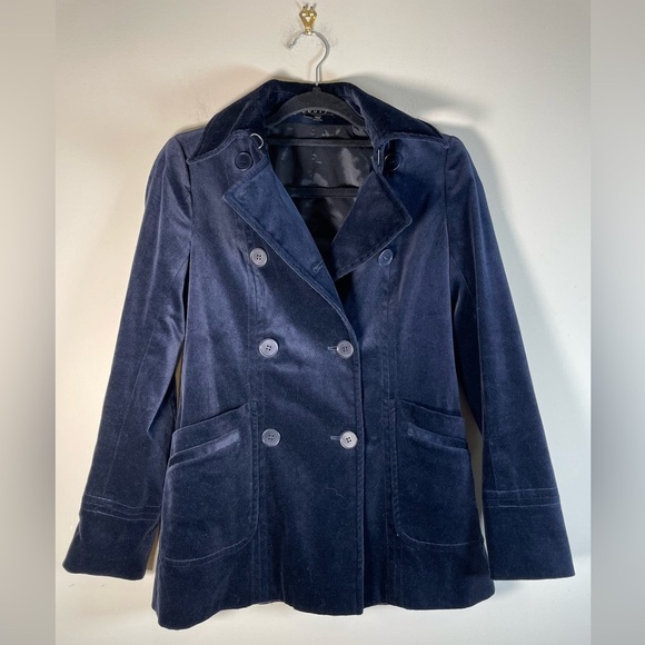 THEORY Blue VELVET Dedrick Adore Eclipse Womens SZ P Coat Jacket DOUBLE BREASTED - Picture 11 of 16